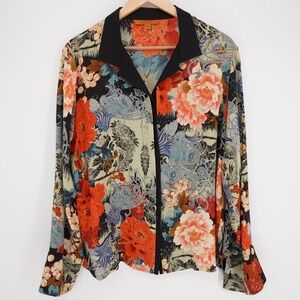 Harari Silk Floral Blouse Womens L Asian Boho Chic Lightweight Flowy Colorful